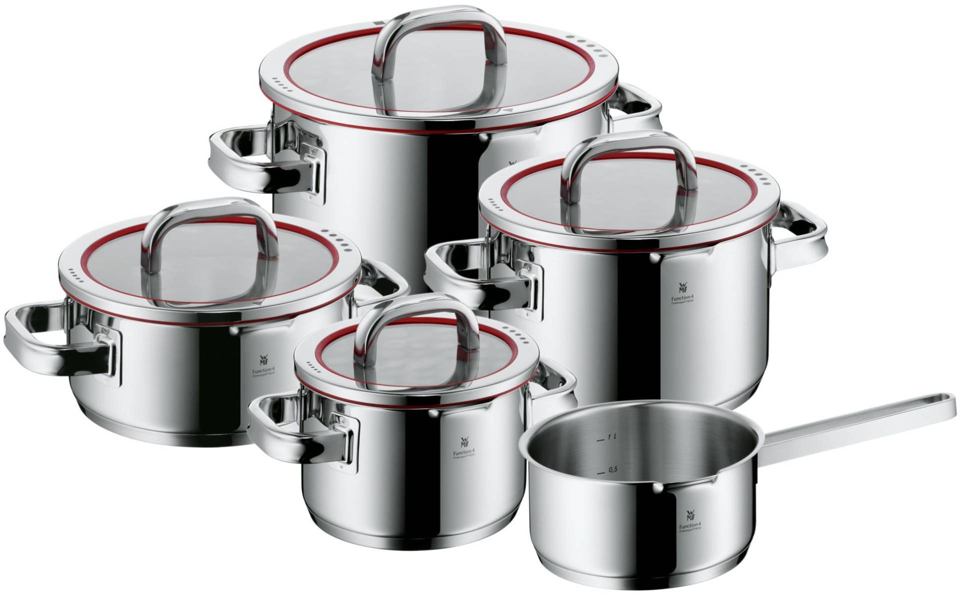 WMF Topf-Set "Function 4, Glasdeckel mit 4 Abgießfunktionen, poliert, unbeschichtet" 1x Bratentopf 20cm, 3x Fleischtopf 16/20/24cm, 1x Stielkasserolle 16cm, Cromargan Edelstahl Rostfrei 18/10 von WMF