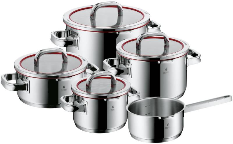 WMF Topf-Set "Function 4, Glasdeckel mit 4 Abgießfunktionen, poliert, unbeschichtet" 1x Bratentopf 20cm, 3x Fleischtopf 16/20/24cm, 1x Stielkasserolle 16cm, Cromargan Edelstahl Rostfrei 18/10 von WMF
