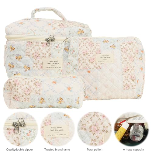 3 PCs Baumwolle gesteppt Florale Kosmetikbeutel Reißverschluss Frauen -Toilettenbeutel (Patchwork) von WMFASBAG