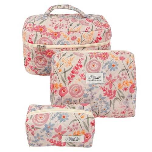 3-Pieces Makeup Organizer Gesteppte Toilette Kosmetiktasche for Frauen Mädchen (rosa) von WMFASBAG