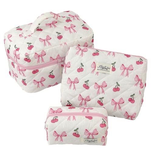 3pcs Frauen Baumwolle gestepptes Make -up -Tasche mit Reisetacktasche (Cherry Big Bow) von WMFASBAG