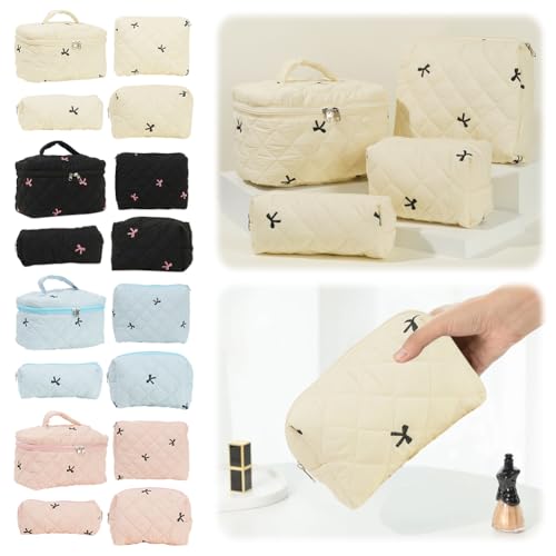 4 Stück Gesteppte Make-up-Tasche mit bestickter Schleife, Damen-Kosmetiktasche for Reisen (schwarz) von WMFASBAG
