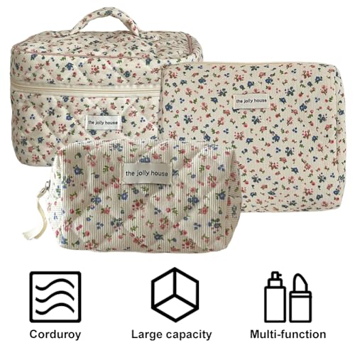 Make-up-Tasche aus Cord mit Blumenmuster, Reise-Kosmetiktasche, niedliche Kulturtasche for Damen (L) von WMFASBAG