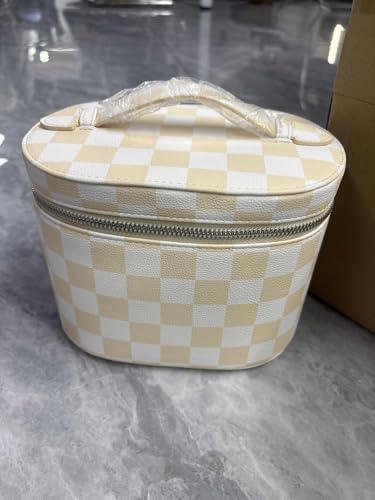 PU Leder tragbare Kosmetiktasche for Frauen Flip Toilettenbeutel Reisebühne Make -up -Tasche (beige Plaid) von WMFASBAG