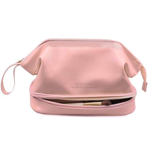WMFASBAG Frauen PU Make -up -Tasche Kosmetische Organizer Beutel große Kapazität Tragbarer Kosmetikbeutel Feste Farb -Reise -Waschbeutel 2 Schicht Reisen Toilettenbeutel von WMFASBAG