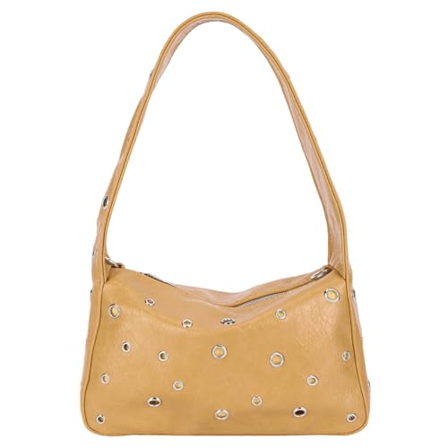 WMFASBAG Frauen Rivet Umhängetasche Metall Stift Handtasche PU Leder Y2K Unterarmtasche (Beige) von WMFASBAG