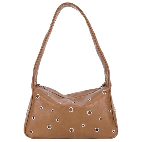 WMFASBAG Frauen Rivet Umhängetasche Metall Stift Handtasche PU Leder Y2K Unterarmtasche (braun) von WMFASBAG