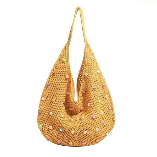 WMFASBAG -Frauen Stricktasche mit farbigen Perlen weibliche Sommertasche (gelb) von WMFASBAG