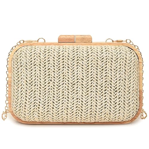 WMFASBAG -Frauen Stroh Umhängetasche Massivholz Rahmen Clutch Hand gewebter Schlingbeutel (weiß) von WMFASBAG