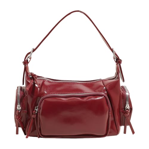 WMFASBAG Retro-Motorrad-Multipocket-Hobo-Tasche mit verstellbarem Riemen for Frauen (Weinrot) von WMFASBAG