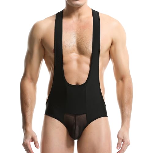 WMIERFI Herren Bodysuit Thong Jockstrap Mesh Patchwork Jumpsuit Leotard G-String Wrestling Singlet Einteiler, Schwarz, X-Large von WMIERFI