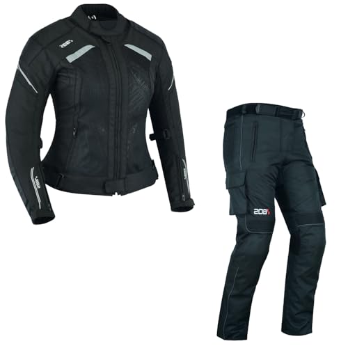 Damen Motorrad Textil kombi Damen Motorrad JAcke und Hose Motorrad Touring Kombi Damen Motorradkombi 2-teiliges Set mit Protektoren Motorradhose & Motorradjake Wasserdicht Reflektierend (BLACK, L) von WMW WALI MOTO WEAR