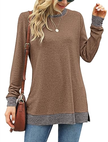 Damen Langarm Tops Farbblock Sweatshirt Rundhals Basic Casual T Shirt Braun L von WNEEDU