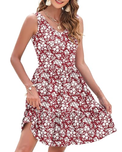 WNEEDU Sommerkleid Damen Ärmellose Strandkleider Schicke Mini Kleider Empire Freizeitkleider V-Ausschnitt Gestuftes Kleider mit Taschen von WNEEDU