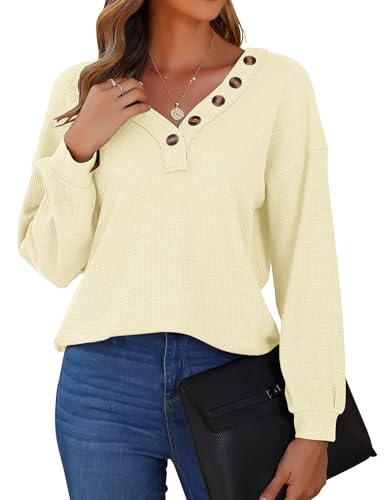 WNEEDU Beige Damen Waffelstrick Pullover V-Ausschnitt langärmelig Tops mit Dekorative Knöpfe Lässig Lose Tunika Shirts 2XL von WNEEDU