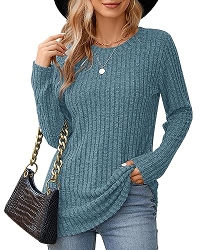 WNEEDU Pullover Damen Rundhals Lose Damen Langarmshirt Herbst Elegant Basic Sweatshirt Lässige Oberteile Bluse Tunika Tops Blau M von WNEEDU