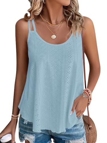 WNEEDU Damen Tank Tops Sommer Spaghetti Cami Oberteile Ärmellose Rundhalsausschnitt Blusen Top Shirts Blau M von WNEEDU
