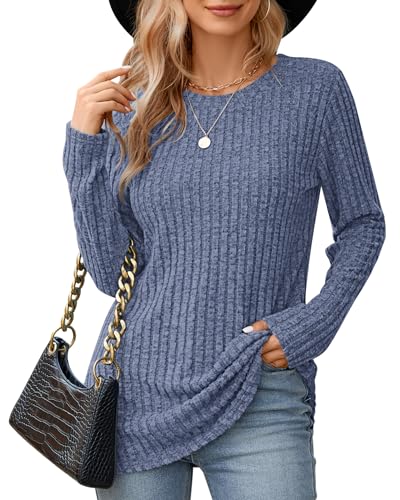 WNEEDU Blau Pullover Damen Langarm Tops Rundhalsausschnitt Casual Shirts Weiches Leichtgewicht Tunika Sweatshirt Marineblau L von WNEEDU