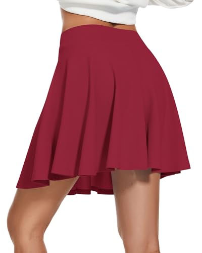 WNEEDU Damen Basic Solid Vielseitige Dehnbaren Casual Mini Skater Rock(Rot XL) von WNEEDU
