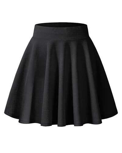 WNEEDU Damen Basic Solid Vielseitige Dehnbaren Casual Mini Skater Rock(Schwarz M) von WNEEDU