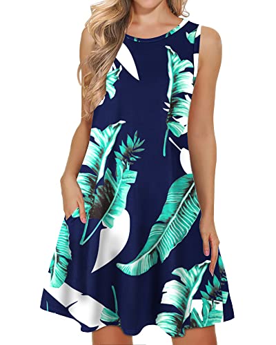 WNEEDU Damen lässig Sommerkleid Ärmelloses Tank Strandkleider T-Shirt Kleid mit Taschen Druck Blau 2XL von WNEEDU