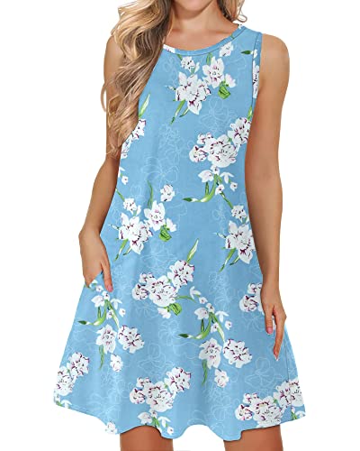 WNEEDU Damen Leichte Strandkleid Ärmellos Tank Sommerkleider Swing Kleider mit Taschen Floral Hellblau 2XL von WNEEDU