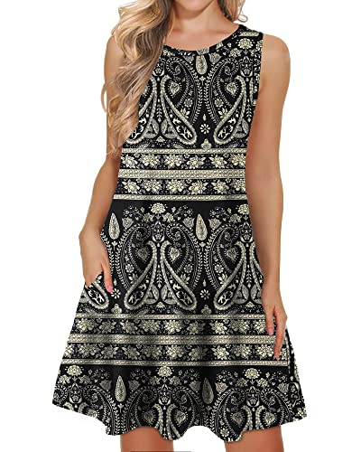 WNEEDU Damen lässig Sommerkleid Ärmelloses Tank Strandkleider T-Shirt Kleid mit Taschen Boho Floral Schwarz 2XL von WNEEDU