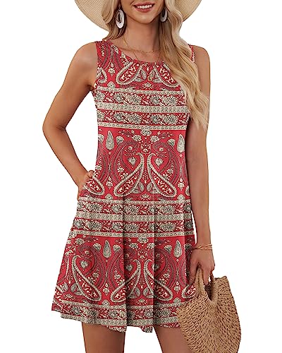 WNEEDU Damen lässig Sommerkleid Ärmelloses Tank Strandkleider T-Shirt Kleid mit Taschen Boho Floral Rot L von WNEEDU