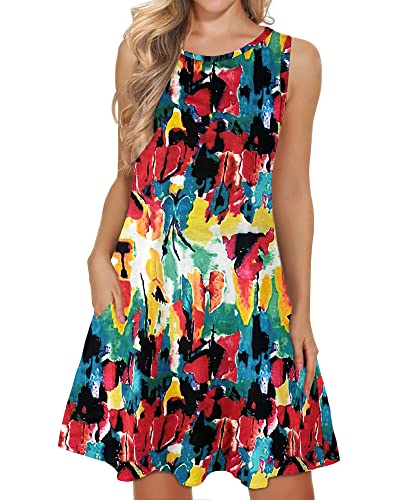 WNEEDU Damen Leichte Strandkleid Ärmellos Tank Sommerkleider Swing Kleider mit Taschen Buntes L von WNEEDU