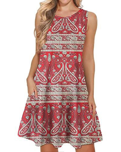 WNEEDU Damen lässig Sommerkleid Ärmelloses Tank Strandkleider T-Shirt Kleid mit Taschen Boho Floral Rot M von WNEEDU