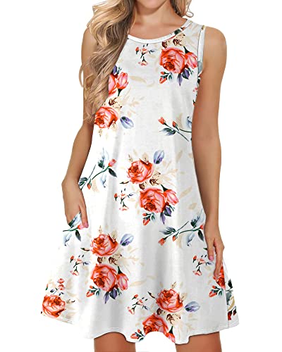WNEEDU Damen lässig Sommerkleid Ärmelloses Tank Strandkleider T-Shirt Kleid mit Taschen Rose Weiß XL von WNEEDU