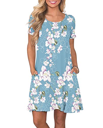 WNEEDU Damen Boho Sommer Strandkleider Blumen Kurzarm Tank T-Shirt Sommerkleid mit Taschen(S,Blumen hellblau) von WNEEDU