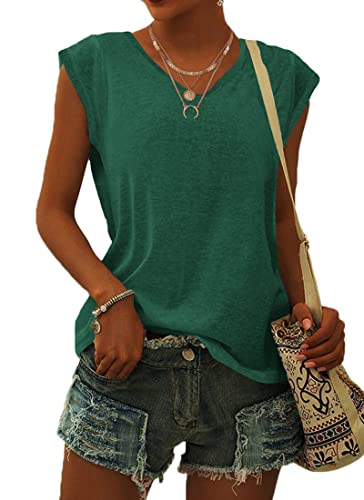 WNEEDU Sommer T Shirt für Damen V Ausschnitt Tanktops Loose Fit Sommerblusen Kurzarm Luftig Wald Grün M von WNEEDU