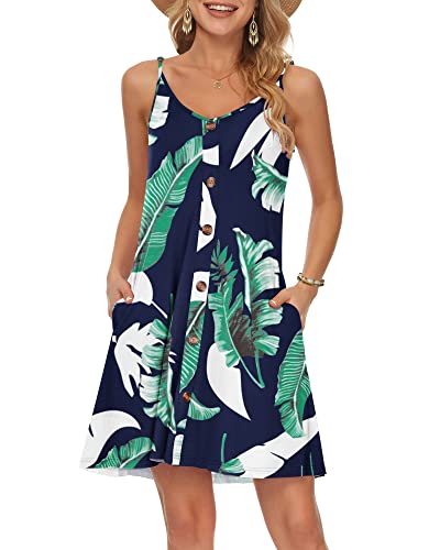 WNEEDU Damen Kleid Sommer Spaghettiträger Sommerkleid Kurze Strandkleider V Ausschnitt Leichte Freizeitkleid mit Taschen Blau drucken L von WNEEDU