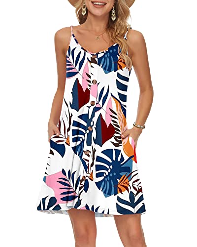 WNEEDU Damen Kleid Sommer Spaghettiträger Sommerkleid Kurze Strandkleider V Ausschnitt Leichte Freizeitkleid mit Taschen Blauer Wegerich L von WNEEDU