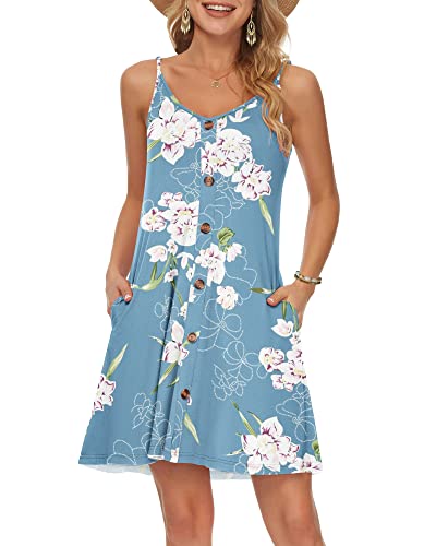 WNEEDU Damen Kleid Sommer Spaghettiträger Sommerkleid Kurze Strandkleider V Ausschnitt Leichte Freizeitkleid mit Taschen Blumen Hellblau L von WNEEDU