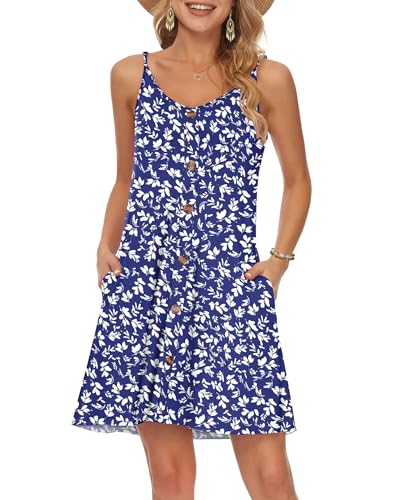 WNEEDU Damen Kleid Sommer Spaghettiträger Sommerkleid Kurze Strandkleider V Ausschnitt Leichte Freizeitkleid mit Taschen Blumenblau XL von WNEEDU