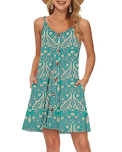 WNEEDU Damen Kleid Sommer Spaghettiträger Sommerkleid Kurze Strandkleider V Ausschnitt Leichte Freizeitkleid mit Taschen Boho Grün Blume M von WNEEDU