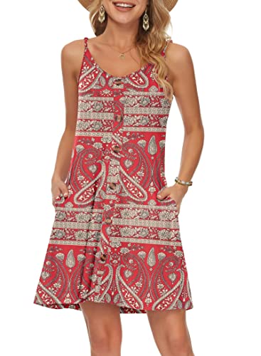 WNEEDU Damen Kleid Sommer Spaghettiträger Sommerkleid Kurze Strandkleider V Ausschnitt Leichte Freizeitkleid mit Taschen Boho Rote Blume L von WNEEDU