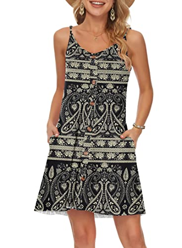 WNEEDU Damen Kleid Sommer Spaghettiträger Sommerkleid Kurze Strandkleider V Ausschnitt Leichte Freizeitkleid mit Taschen Boho Schwarz Blume L von WNEEDU