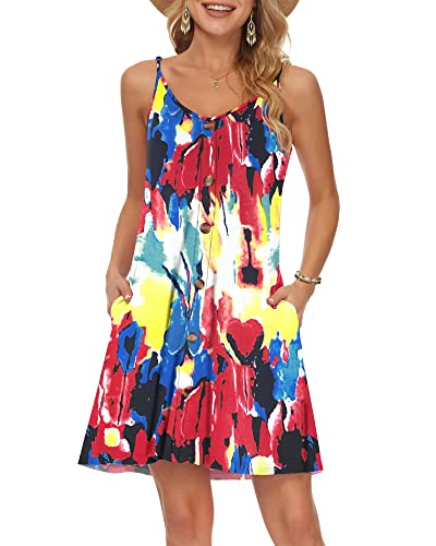 WNEEDU Damen Kleid Sommer Spaghettiträger Sommerkleid Kurze Strandkleider V Ausschnitt Leichte Freizeitkleid mit Taschen Bunte Krawattenfarbe L von WNEEDU