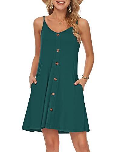 WNEEDU Damen Kleid Sommer Spaghettiträger Sommerkleid Kurze Strandkleider V Ausschnitt Leichte Freizeitkleid mit Taschen Dunkelgrün L von WNEEDU