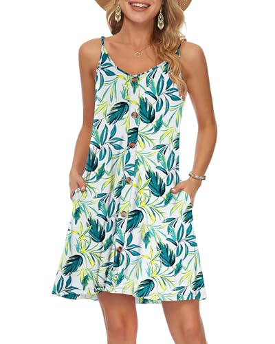WNEEDU Damen Kleid Sommer Spaghettiträger Sommerkleid Kurze Strandkleider V Ausschnitt Leichte Freizeitkleid mit Taschen Gelbgrünes Blatt XL von WNEEDU