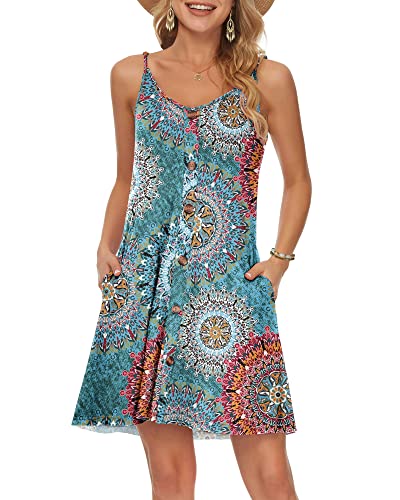 WNEEDU Damen Kleid Sommer Spaghettiträger Sommerkleid Kurze Strandkleider V Ausschnitt Leichte Freizeitkleid mit Taschen Grün drucken XXL von WNEEDU