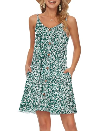 WNEEDU Damen Kleid Sommer Spaghettiträger Sommerkleid Kurze Strandkleider V Ausschnitt Leichte Freizeitkleid mit Taschen Grüne Blume L von WNEEDU