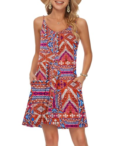 WNEEDU Damen Kleid Sommer Spaghettiträger Sommerkleid Kurze Strandkleider V Ausschnitt Leichte Freizeitkleid mit Taschen Hitzewellen-Rhapsodie L von WNEEDU