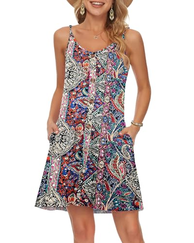 WNEEDU Damen Kleid Sommer Spaghettiträger Sommerkleid Kurze Strandkleider V Ausschnitt Leichte Freizeitkleid mit Taschen Königsblaue Blume XL von WNEEDU