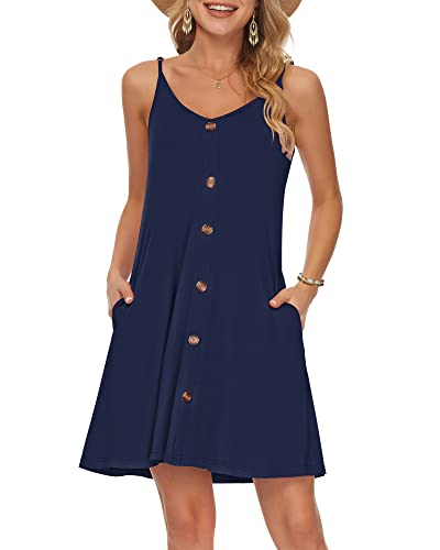 WNEEDU Damen Kleid Sommer Spaghettiträger Sommerkleid Kurze Strandkleider V Ausschnitt Leichte Freizeitkleid mit Taschen Marineblau M von WNEEDU