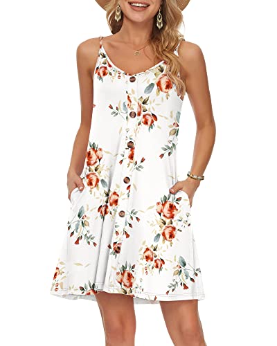 WNEEDU Damen Kleid Sommer Spaghettiträger Sommerkleid Kurze Strandkleider V Ausschnitt Leichte Freizeitkleid mit Taschen Rose Weiß XXL von WNEEDU