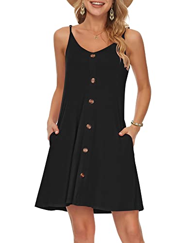 WNEEDU Damen Kleid Sommer Spaghettiträger Sommerkleid Kurze Strandkleider V Ausschnitt Leichte Freizeitkleid mit Taschen Schwarz M von WNEEDU